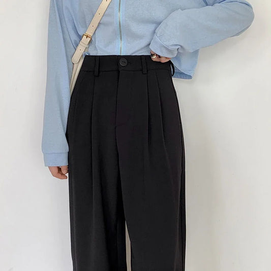 Women's High-Waist Black Straight Leg Pants: Stylish & Comfortable Office Trousers