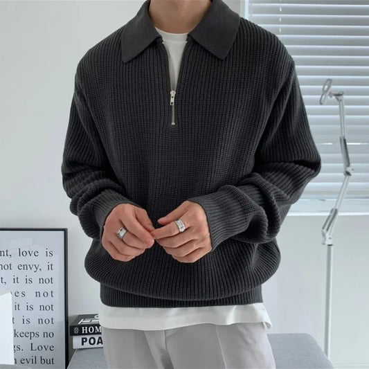 Men’s Japanese Vintage Half-Zip Sweater – Autumn/Winter High-End Knitted Pullover with Lapel, Loose Fit