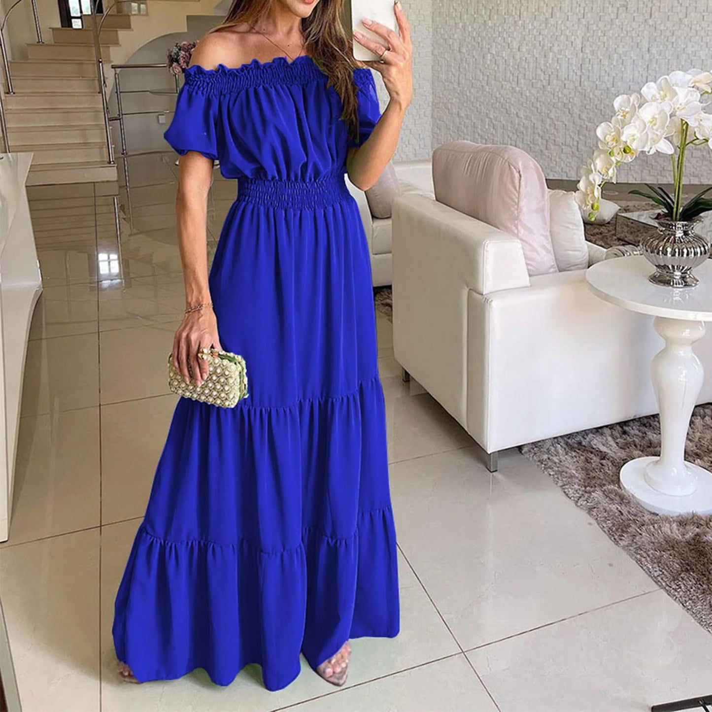 2024 Women’s Off-Shoulder Ruffle Mini Dress – Summer Sexy A-Line Boho Sundress with Flare Sleeves