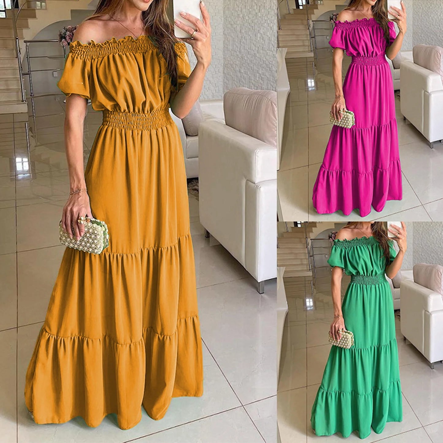 2024 Women’s Off-Shoulder Ruffle Mini Dress – Summer Sexy A-Line Boho Sundress with Flare Sleeves