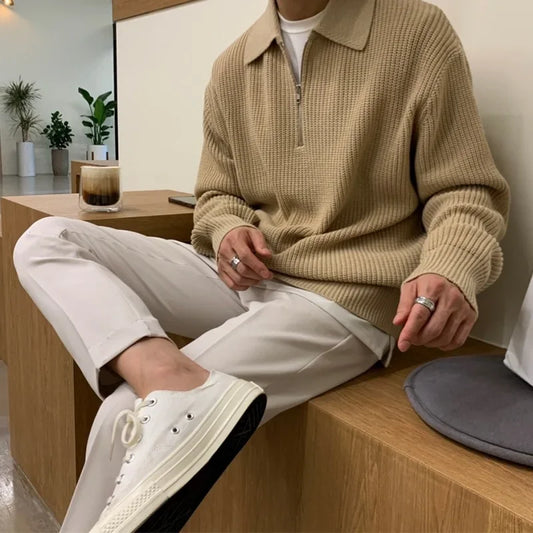 Men’s Japanese Vintage Half-Zip Sweater – Autumn/Winter High-End Knitted Pullover with Lapel, Loose Fit