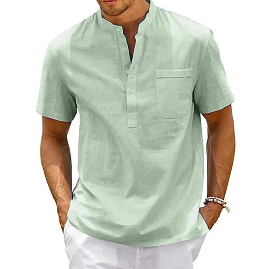 Men’s Cotton Linen Henley Shirt – Casual Short Sleeve Beach Top with Pocket, Lightweight & Breathable Vintage Streetwear