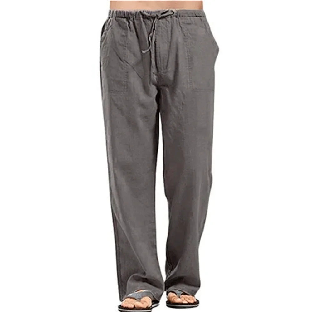 Men’s Cotton Linen Pants – Summer Breathable Casual Trousers with Elastic Waist & Pockets