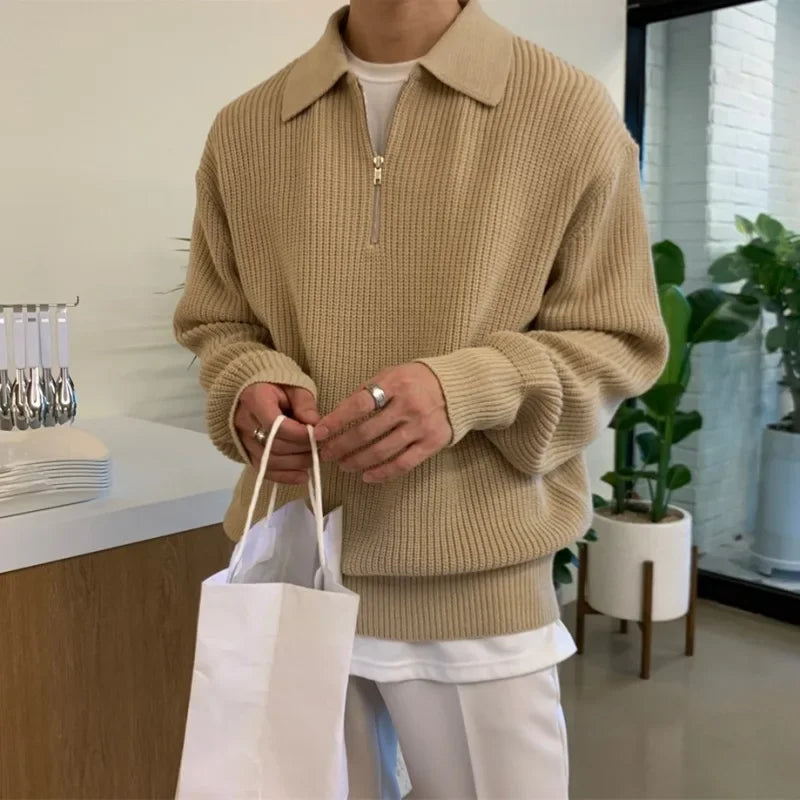 Men’s Japanese Vintage Half-Zip Sweater – Autumn/Winter High-End Knitted Pullover with Lapel, Loose Fit