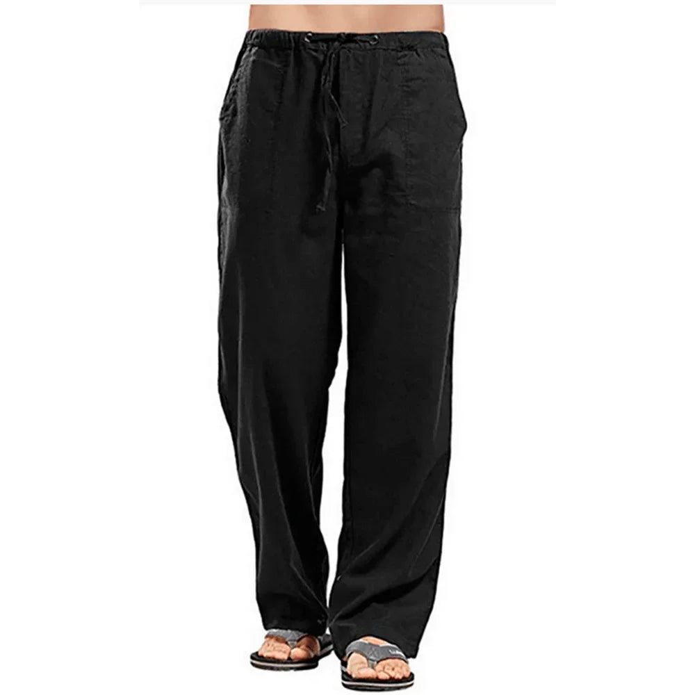 Men’s Cotton Linen Pants – Summer Breathable Casual Trousers with Elastic Waist & Pockets