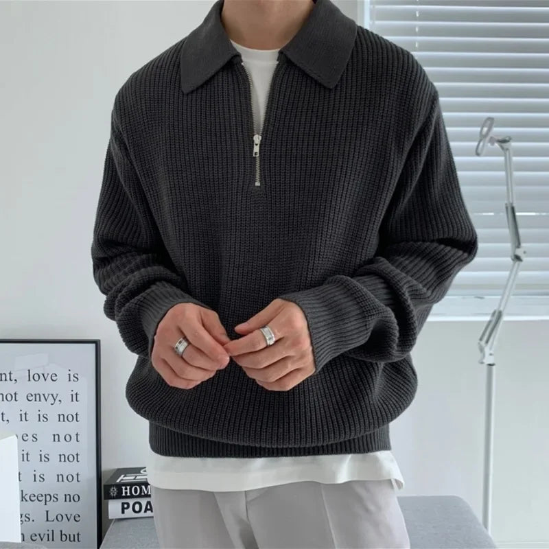 Men’s Japanese Vintage Half-Zip Sweater – Autumn/Winter High-End Knitted Pullover with Lapel, Loose Fit