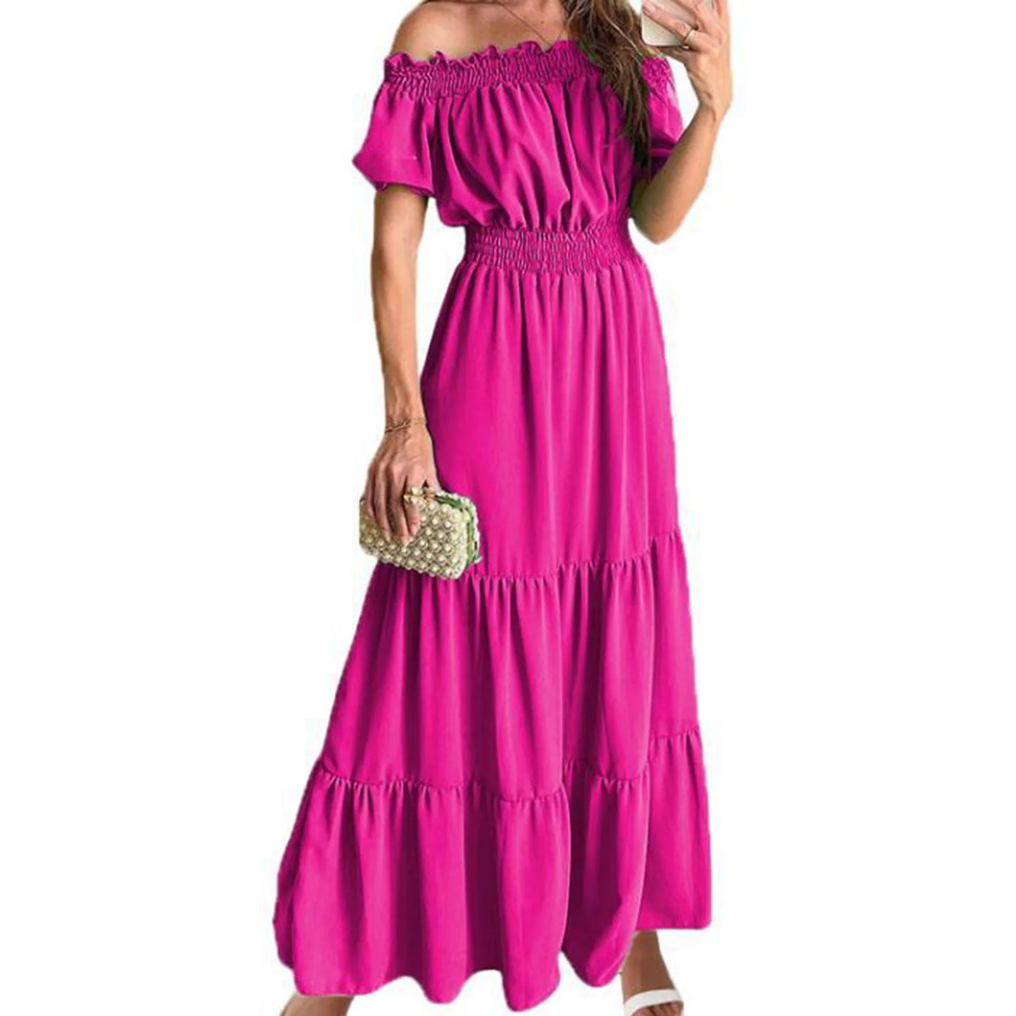 2024 Women’s Off-Shoulder Ruffle Mini Dress – Summer Sexy A-Line Boho Sundress with Flare Sleeves
