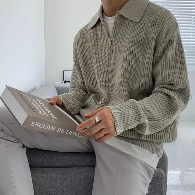 Men’s Japanese Vintage Half-Zip Sweater – Autumn/Winter High-End Knitted Pullover with Lapel, Loose Fit