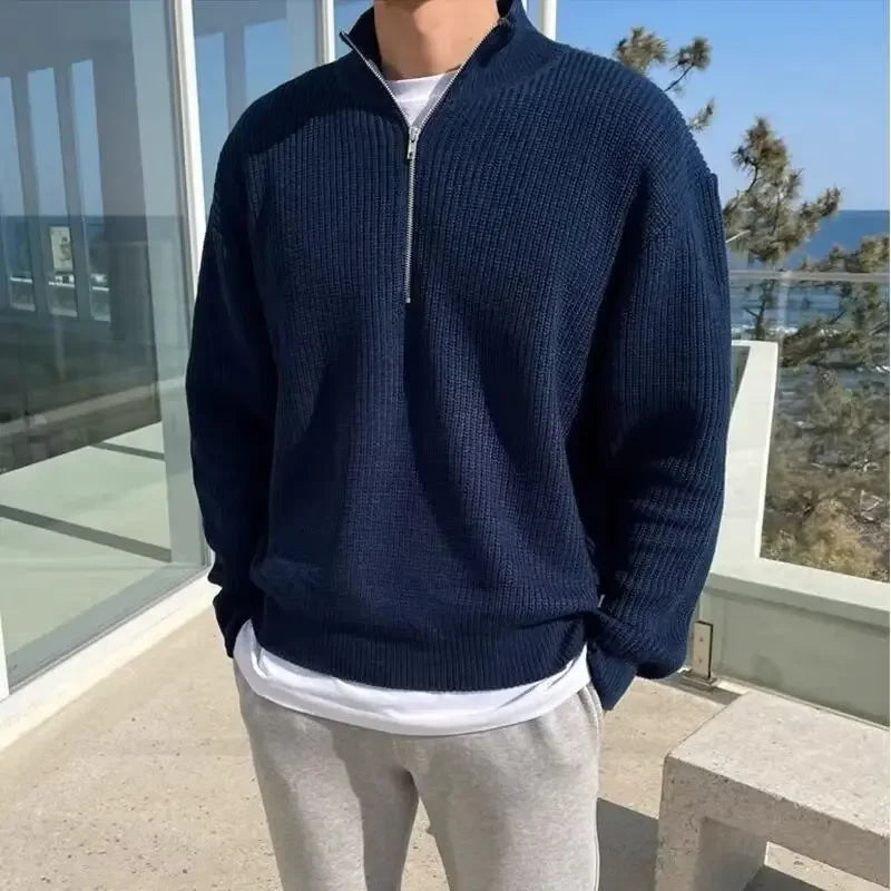 Men’s Half-Zip Stand Collar Sweater – Autumn Winter Casual High Street Pullover