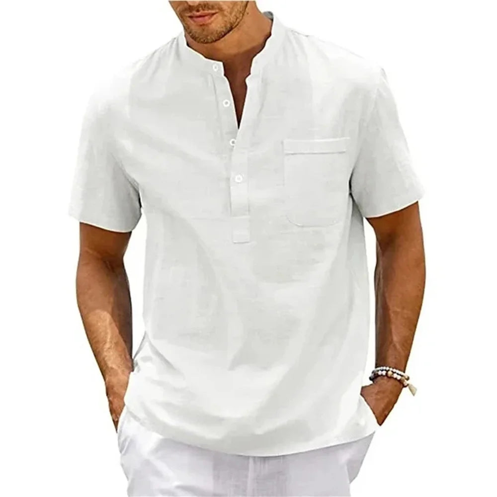 Men’s Cotton Linen Henley Shirt – Casual Short Sleeve Beach Top with Pocket, Lightweight & Breathable Vintage Streetwear