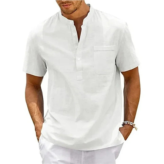Men’s Cotton Linen Henley Shirt – Casual Short Sleeve Beach Top with Pocket, Lightweight & Breathable Vintage Streetwear