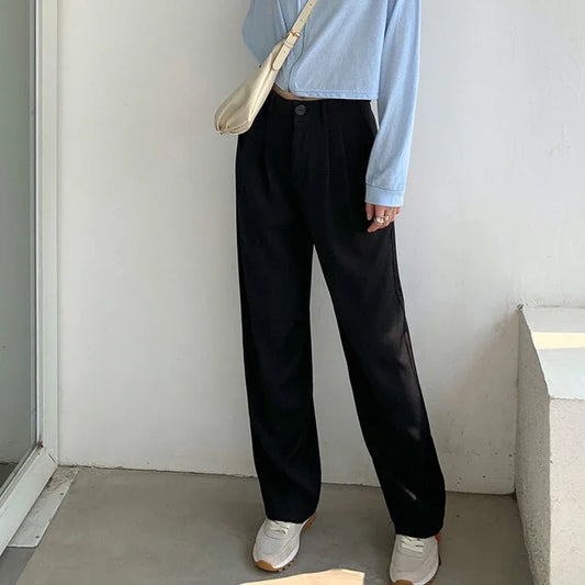 Women's High-Waist Black Straight Leg Pants: Stylish & Comfortable Office Trousers