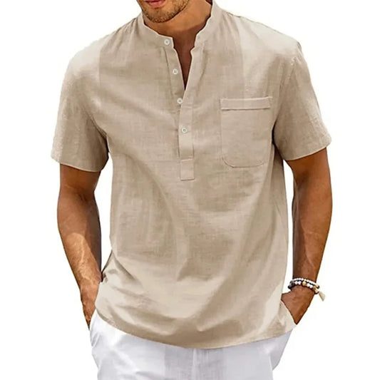 Men’s Cotton Linen Henley Shirt – Casual Short Sleeve Beach Top with Pocket, Lightweight & Breathable Vintage Streetwear