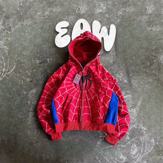 America Classics Gothic Red Spider Print Hooded Cardigan Full Zip up Loose Men Women Hip Hop Hoodie Jacket Y2K Street Sweatshirt
