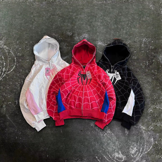 America Classics Gothic Red Spider Print Hooded Cardigan Full Zip up Loose Men Women Hip Hop Hoodie Jacket Y2K Street Sweatshirt